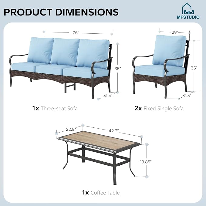 MFSTUDIO 4 Pieces Outdoor Patio Furniture Set, Metal Outdoor Conversation Set, Rattan Wicker Patio Sectional Sofa Set with 2 x Fixed Single Sofa, 3-Seat Sofa, 1 x Coffee Table, Blue