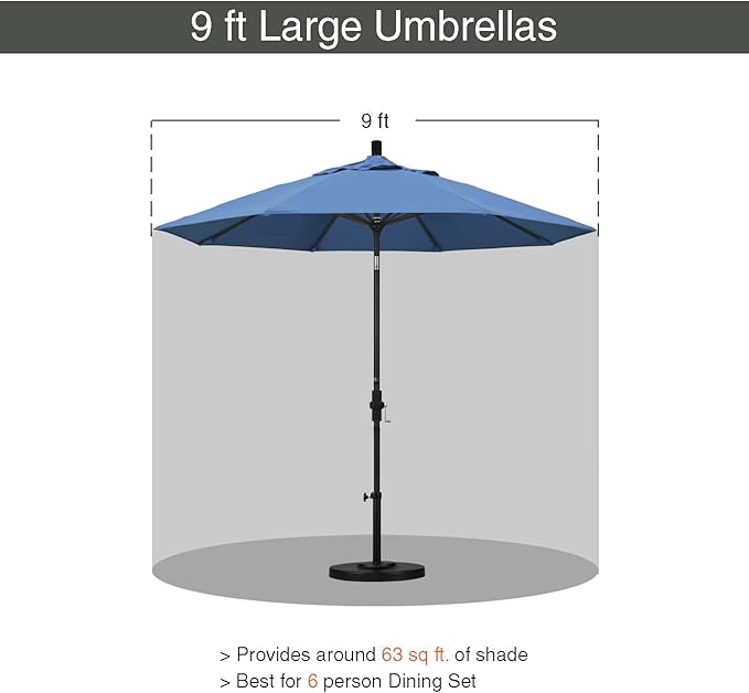 California Umbrella 9' Round Aluminum Market Umbrella, Crank Lift, Push Button Tilt, White Pole, Frost Blue Olefin