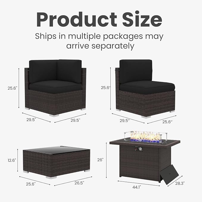 10 Pieces Patio Furniture Set with 44" Propane Gas Fire Pit Table, Outdoor Sectional Brown Rattan Wicker Conversation Sofa Sets with Coffee Table