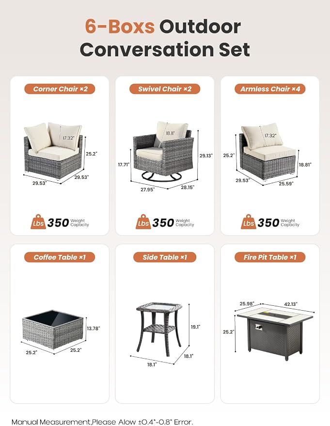 ovios 11 Piece Outdoor Patio Furniture Set with Fire Pit Table,Conversation Sectional Wicker Couch with Swivel Chairs,Modern Outside Sofa for Balcony Backyard, Grey