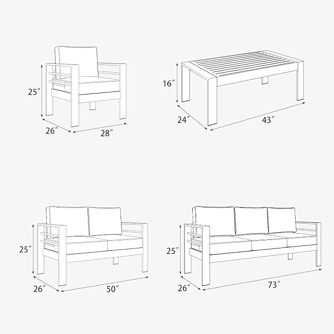 5 Pieces Aluminum Outdoor Patio Furniture Set with Coffee Table, Modern Metal Conversation Sofa Set with Deep Seating for Porch