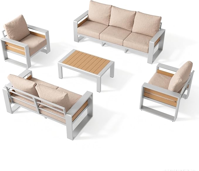 Aoxun Aluminum Patio Furniture Set, 5 Piece Luxury Outdoor Sectional with 6" Olefin Fabric Cushions, Patio Conversation Sets with Coffee Table and Waterproof Cover for Backyard, Porch Beige
