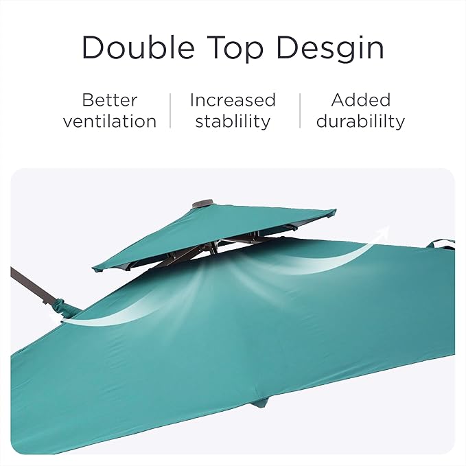 9' X 12' Patio Umbrella with Weighted Base and LED Lights Outdoor Cantilever Large Rectangle Offset Umbrellas Heavy Duty Aluminum Double Top with 360-degree Rotation for Pool Garden Deck, Turquoise