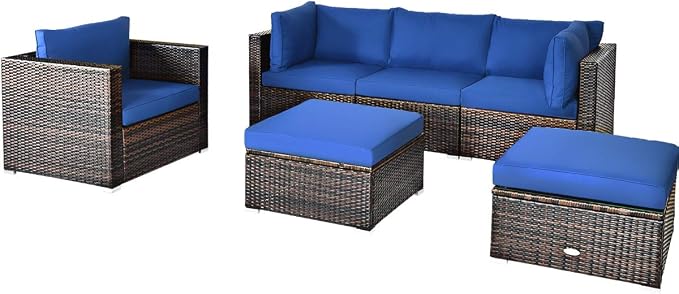 Tangkula 6 Pieces Wicker Patio Furniture Set, PE Rattan Outdoor Sectional Conversation Set with Glass Coffee Table & Ottoman, Wicker Sofa Set with Cushions for Yard Garden, Deck, Porch, Navy