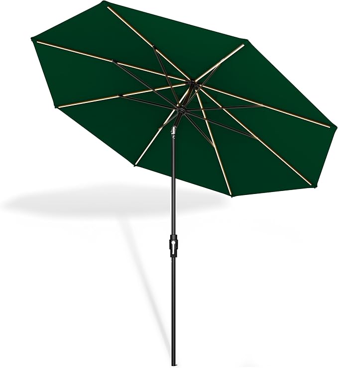 Midtown Umbrellas Led Swilt Sunbrella Umbrella 9 Ft Patio Umbrella With Sunbrella Forest Green Acrylic Fabric - Deck Patio Umbrella, Backyard Umbrella, Garden Umbrella & Pool Umbrella - Black Pole
