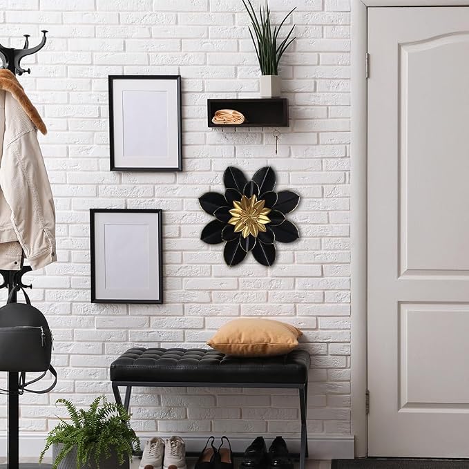 hogardeck Metal Flower Wall Decor, 16" Black & Gold Floral Metal Wall Art for Indoor Outdoor, Boho Modern Wall Decor for Bathroom, Living Room, Kitchen, Bedroom, Porch, Garden, Yard