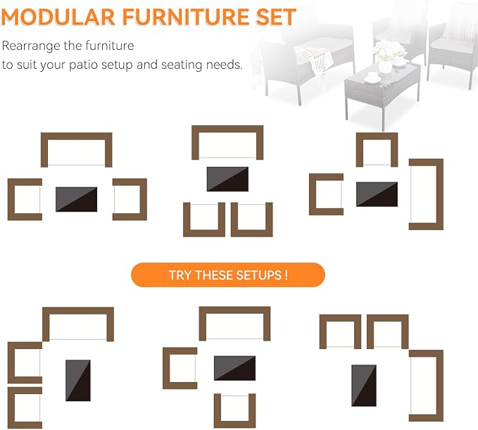 Patio Furniture Set, Outdoor Furniture Set 4 Pieces Patio Conversation Set PE Rattan Chair with Cushion Tempered Glass Table Garden Balcony Sets for Yard Pool Backyard Brown/Grey