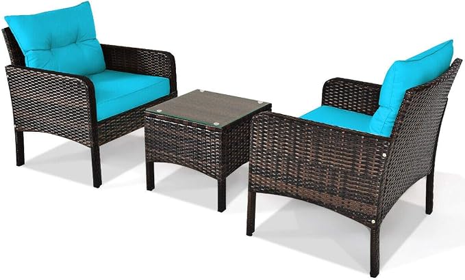 HAPPYGRILL 3 Piece Patio Furniture Set Outdoor Rattan Wicker Coffee Table & Chairs Set with Seat Cushions Patio Conversation Set for Garden Balcony Backyard Poolside