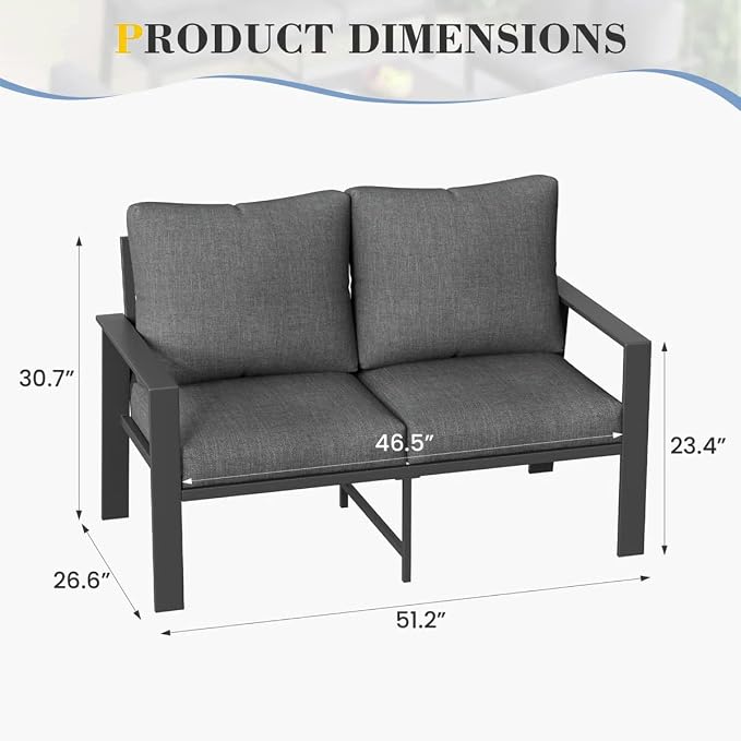 Outdoor Loveseat Aluminum Patio Sofa for Small Space Weather-Resistant Patio Furniture with 4" Cushion for Garden, Porch, Poolside