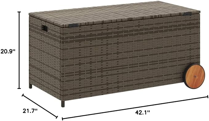 Wicker Outdoor Deck Box with Wheels, 50.2 Gal Outdoor Storage Box with Lid, PE Rattan Storage Container for Pillows, Cushions, Gardening Tools, 42.1"x21.7"x19.7"/20.9" Gray