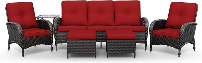 Joyside Wicker Patio Furniture Set, 6 Piece Outdoor Furniture Set with Thickened Cushions, High Back, Deep Seating, Wide Armrest, Rattan Outdoor Chairs for Porch, Deck