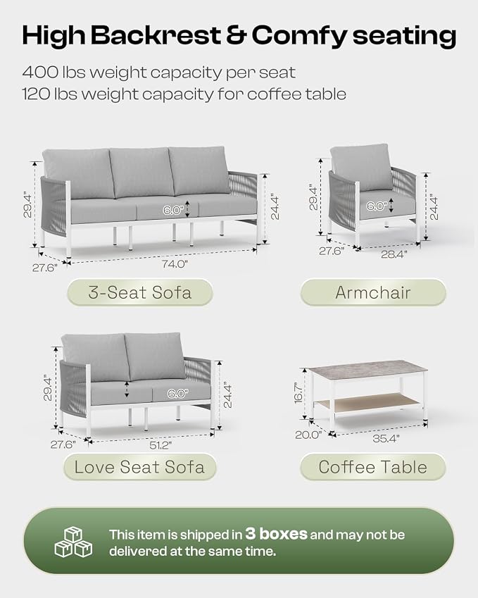 Aluminum Patio Furniture Set, 5 Seats Modern Outdoor Sectional Furniture with PE Rope & Dual-Layer Coffee Table, Luxury Patio Conversation Sets with 6" Cushions for Backyard/Garden, White