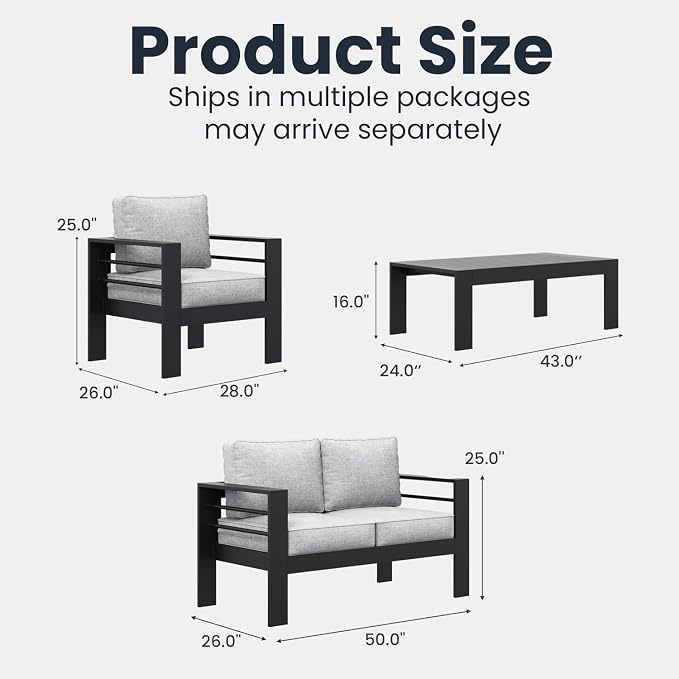 4 Pieces Modern Aluminum Patio Furniture Set, Outdoor Conversation Sets Metal Sectional Sofa with Coffee Table