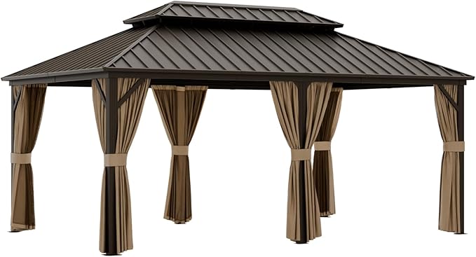 EAGLE PEAK 12x18 Hardtop Gazebo, Galvanized Steel Double Roof with Aluminum Frame, Outdoor Pavilion with Netting and Curtains for Patio, Deck, Lawn and Garden, Dark Brown/Tan