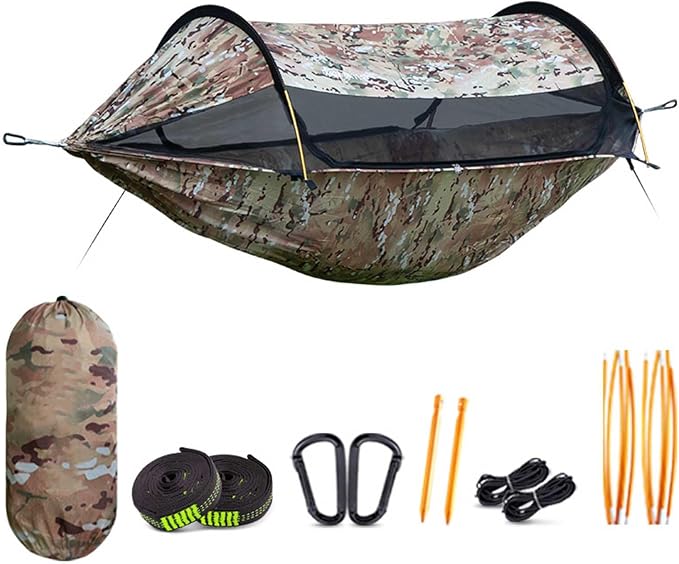 3 in 1 Hammock Shelter Set, Portable Camping Hammock with RainFly & Mosquito Net, Anti-Roll Hammock Tent for Outdoor Hiking Travel Expedition