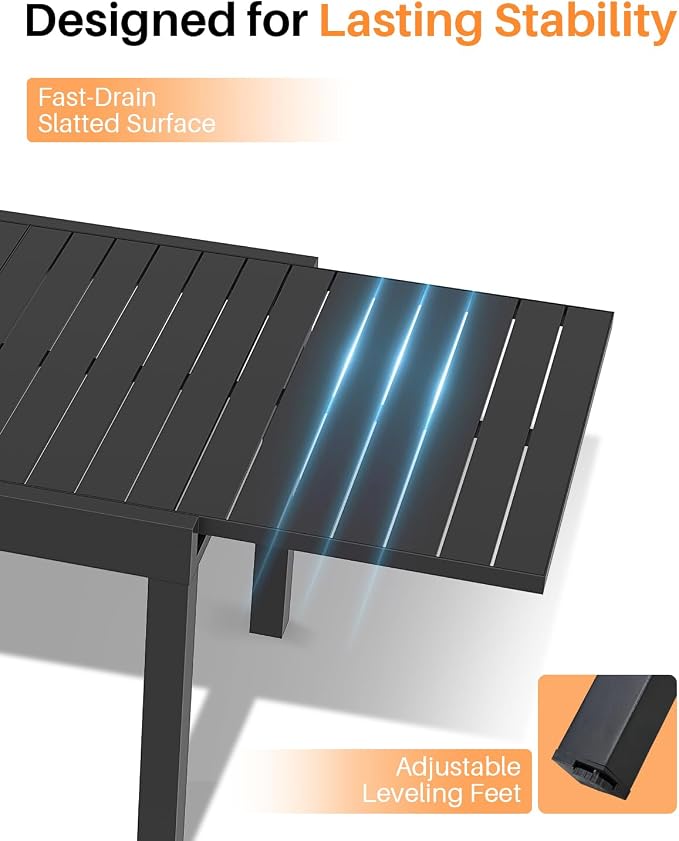 9 Pieces Outdoor Dining Set, Never-Rust Aluminum Extendable Dining Table Set, 38"-77" Expandable Dining Table and Stackable Patio Dining Chairs, Patio Dining Set for Porch, Yard, Deck, Black