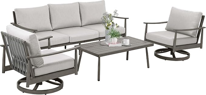 HAPPATIO Patio Outdoor Furniture Set - 4 Piece Aluminum Patio Conversation Set with 1 Coffee Table, 2 Swivel Chairs and 1 Three-Seater Sofa, Aluminum Outdoor Furniture Set for Backyard Poolside (Grey)