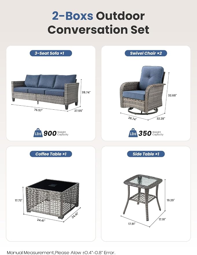 5-Piece Outdoor Patio Furniture Set with Swivel Chairs, Outdoor Conversation Wicker Sofa with Coffee Table, Rattan Couch for Deck, Backyard, Poolside (Blue)