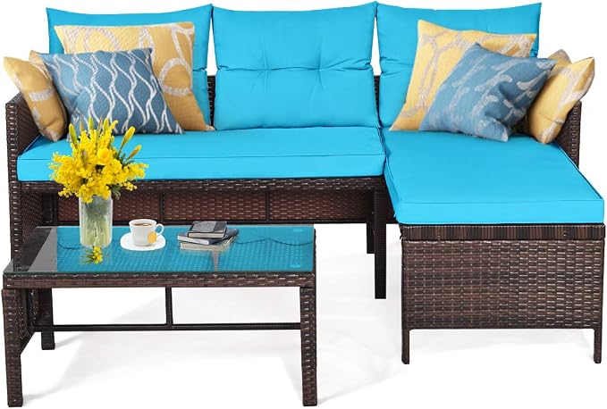 RELAX4LIFE 3-Piece Patio Furniture Set, Outdoor Wicker Sectional Sofa Set w/Washable Cushion, Tempered Glass Coffee Table, Rattan Conversation Set Outdoor Couch for Garden Backyard Deck (Turquoise)