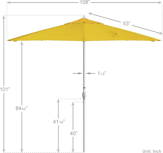 California Umbrella 12-Year Protection 9' Rd Aluminum Patio Umbrella, Crank Lift, Auto Tilt, White Finish, Sunbrella Sunflower Yellow
