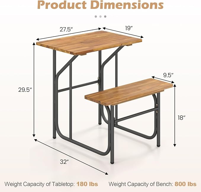 Tangkula Patio Dining Bench Set for 2, Heavy-Duty Outdoor Acacia Wood Dining Furniture with Metal Legs for Balcony, Backyard, Poolside, Garden (2,32” x 27.5” x 29.5”)