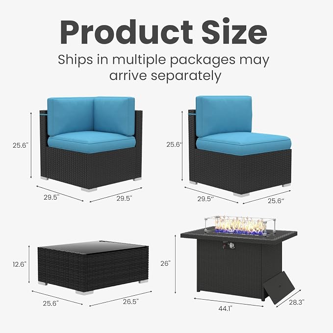 10 Pieces Patio Furniture Set with 44" Propane Gas Fire Pit Table, Outdoor Sectional Wicker Conversation Sofa Sets with Coffee Table