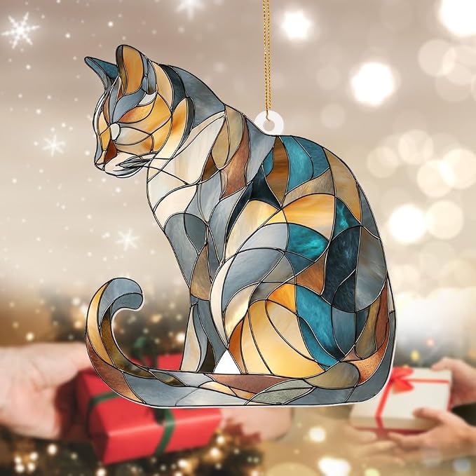 Stained Glass Cat Ornament – 2025 Christmas Tree Decoration, Handmade Animal Suncatcher for Window, for Cat Lovers & Unique Home Décor (Sun-03)