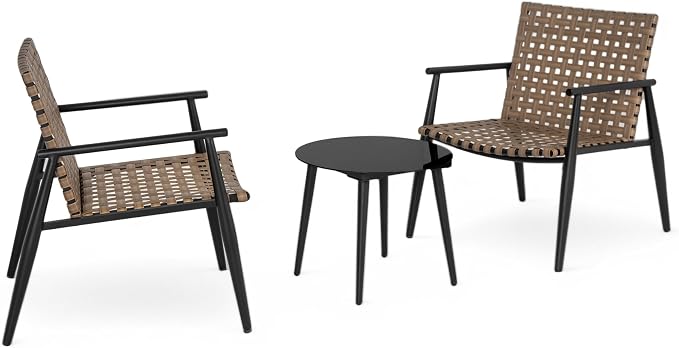 Christopher Knight Home Oakes Patio Table and Chairs Set, 3-Piece Patio Conversation Set, Outdoor Tempered Glass Table and PE Rattan Armchairs Set of 2, Garden/Poolside Reading Nook, Black+Brown