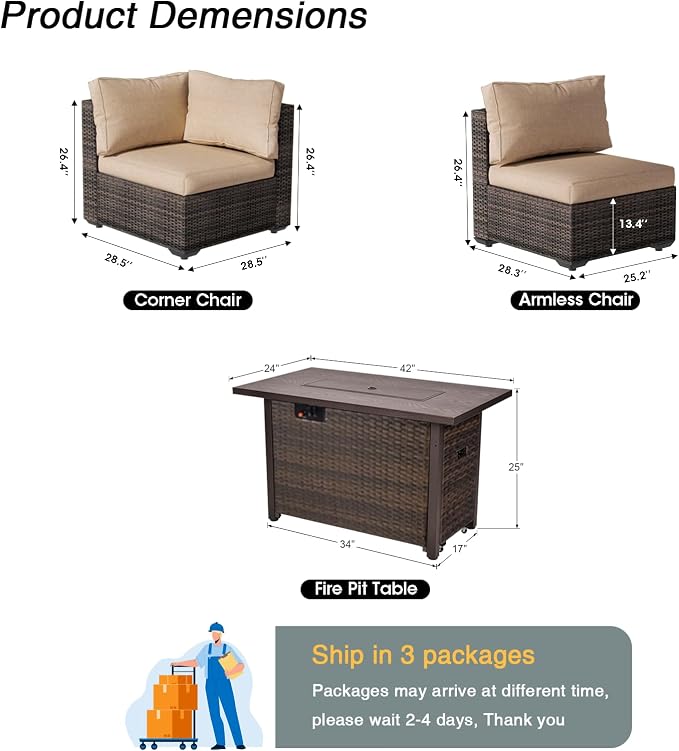 7 Pieces Patio Furniture Set with 44" Fire Pit Table, Rattan Outdoor Sectional Conversation Sets, All Weather Outdoor Furniture Set with Cushions for Garden Lawn Balcony Porch Deck Beige