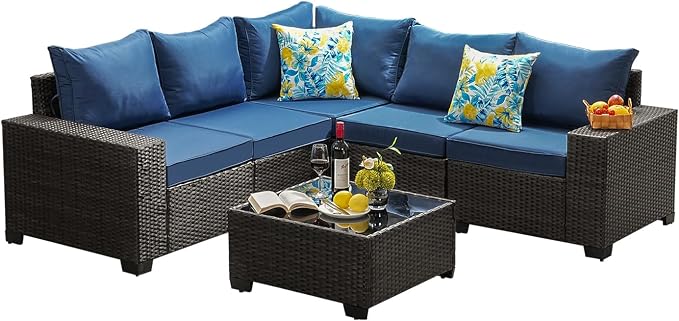 JOYURE 6 Pieces Patio Furniture Set All-Weather Outdoor Wicker Sectional Conversation Sofa Rattan Patio Seating Sofa with Cushion and Glass Table for Porch Poolside,Navy