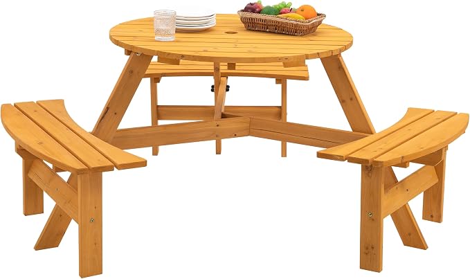 35.43'' Round Outdoor Dining Table Wooden Patio Dining Table & 3 Curved Built-in Bench for 6, 2" Umbrella Hole, Suitable for Backyard Garden Porch, Natural