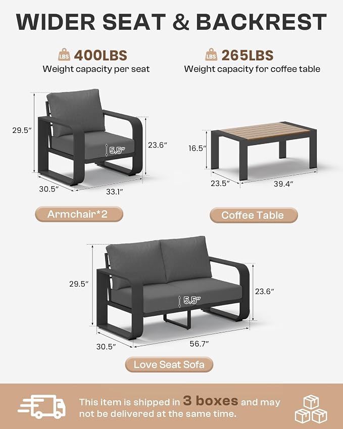 Oversized Aluminum Outdoor Furniture Set, Extra Large Patio Furniture Sofa Set 4.8” Widened Armrest & Ultra-Thick Cushions, 4 Pcs Modern Patio Sectional for Backyard, Deck, Graphite