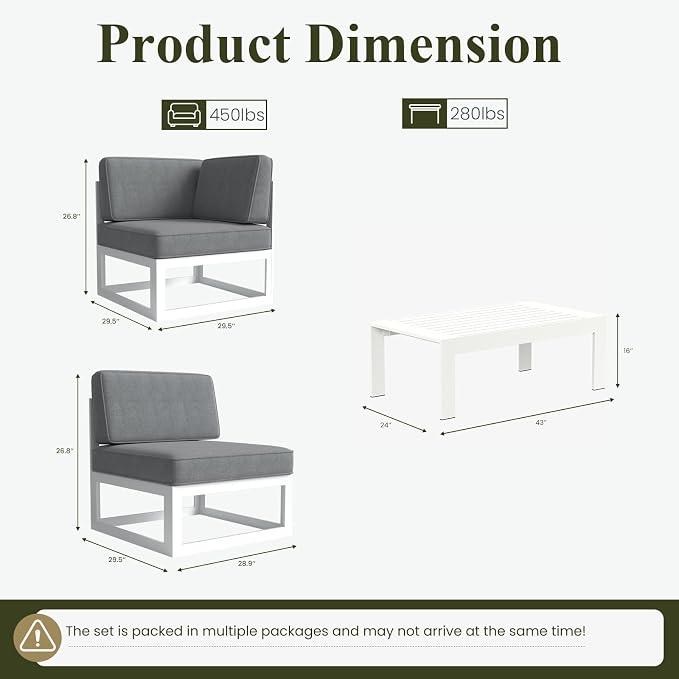 LayinSun 9 Pieces Modern Aluminum Patio Furniture Set with Coffee Table, Outdoor Modular Sectional Conversation Set L-Shaped Sofa for Backyard
