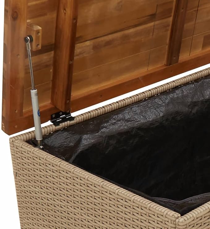 Patio Storage Box Beige 43.3"x21.7"x24.8" Poly Rattan Acacia Wood,Garden Storage Box with Bench Durable PE Rattan and Acacia Wood for Outdoor Patio Storage Boxes, Storage Boxes,