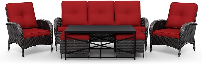 Joyside Wicker Patio Furniture Set, 6 Piece Outdoor Furniture Set with Thickened Cushions, High Back, Deep Seating, Wide Armrest, Rattan Outdoor Chairs for Porch, Deck