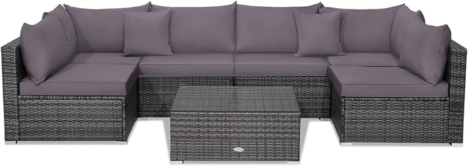 DORTALA 7 Pieces PE Rattan Patio Furniture Set, All-Weather Wicker Conversation Set W/Soft Cushions & Pillows, Coffee Table, Outdoor Sectional Sofa Set for Balcony, Poolside, Backyard, Grey