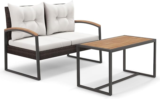Tangkula 2 Pieces Patio Wicker Furniture Set, Heavy Duty Outdoor Cushioned Loveseat with Acacia Wood Coffee Table, for Backyard, Balcony, Deck and Poolside (Off White)