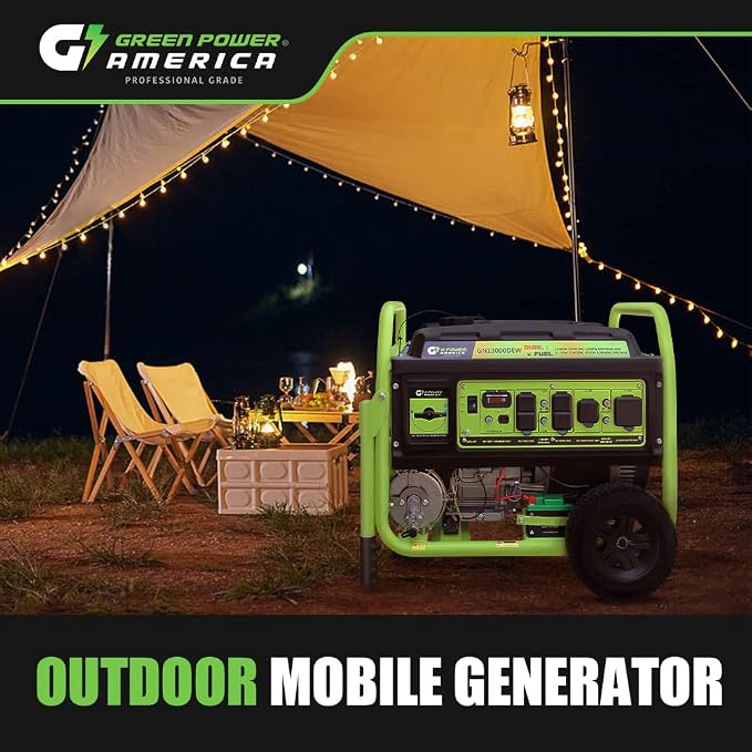Green-Power America Portable Generator GN13000DEW 13000 Watt Gas & Propane Dual Fuel Electric Start RV Ready 50A Outlet - Home Emergency Backup Camping & Outdoor Residential Use - Safe & Reliable