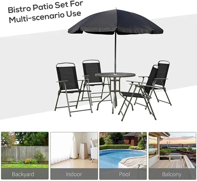 6 Piece Patio Dining Set for 4 with Umbrella, Outdoor Table and Chairs with 4 Folding Dining Chairs & Round Glass Table for Garden, Backyard and Poolside, Black