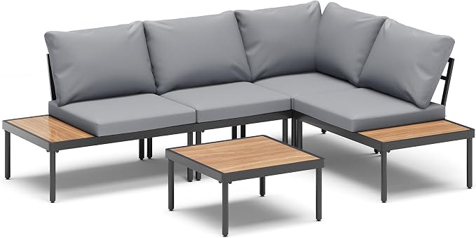 LAUSAINT HOME L-Shaped Outdoor Furniture Set, 5 Pieces PE Rattan Patio Conversation Set, Rustproof Steel Sectional Sofa with Thickened Cushions & Coffee Table for Patio, Garden, Poolside and Balcony
