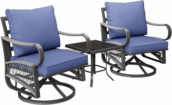 3 Piece Patio Furniture Set, Rope Woven Outdoor Conversation Set with High Back Metal Swivel Chairs and Coffee Table, Thick Cushions for Garden, Porch, Blue