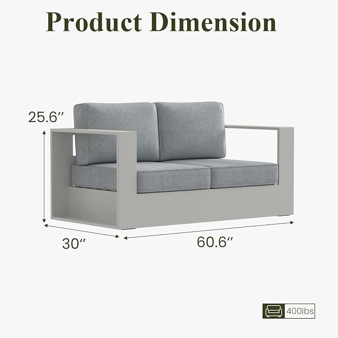 LayinSun Oversized Aluminum Outdoor Furniture, 1 Piece Patio Lovseat Sofa, Deep Seating and Upgraded 6-inch Cushions for Porch, Balcony, Deck