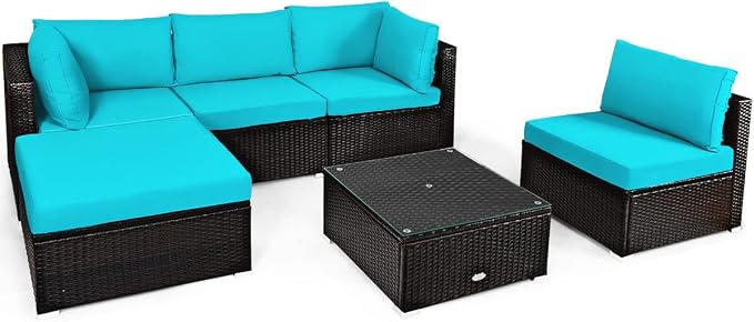 RELAX4LIFE 6-Piece Patio Sofa Set - Outdoor Sectional Sofa Set Wicker Conversation Set w/Table & Removable Cushions, Modular Sofa Set Patio Furniture for Backyard, Poolside, Balcony (Turquoise)