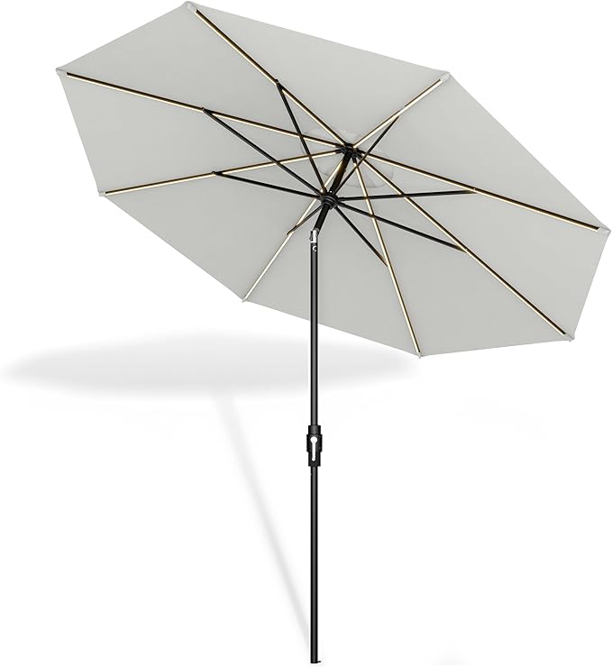 Midtown Umbrellas The LED Swilt 9 Feet Patio Umbrella With Terylast Off Cream (Off White) Polyester Fabric - Auto-Tilt Aluminum Frame With LED Lights For Backyard, Deck, Garden, Pool - Black Pole