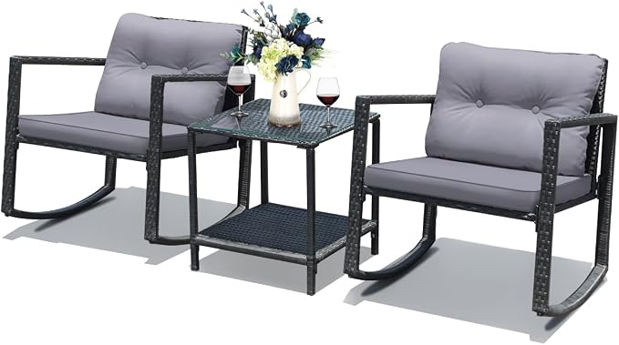Tangkula 3 Pieces Patio Wicker Rocking Bistro Set, Outdoor Rocking Chair Furniture Set w/Cushioned Seat, Conversation Set w/Glass Coffee Table and Storage Shelf (Gray)