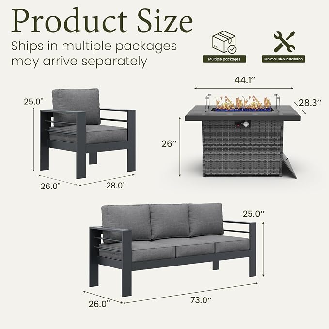 LayinSun Aluminum Furniture Set with Fire Pit Table, 4 Pieces Patio Sectional Conversation Chat Sofa Modern Seating Set