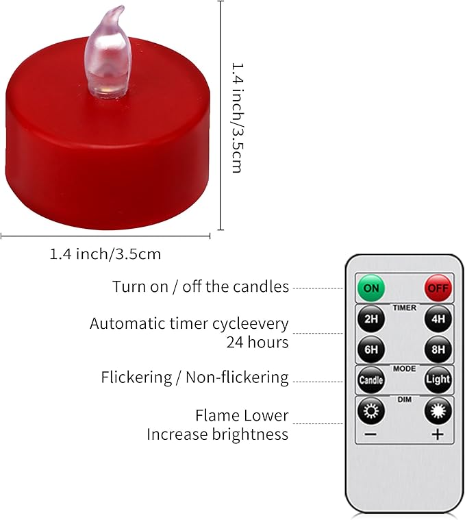 12Pack Remote Control LED Tea Lights Battery Operated Flameless Candles Realistic and Bright Flickering Long Lasting 400 Hours Electric Candles for Christmas Home Party Wedding Decor (Red)