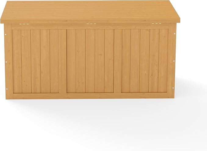 Domesto 112 Gallon Extra-Large Outdoor Deck Box, Solid Wood Storage Box Seat & Table Top, For Patio Cushions, Pool, Garden Tools (Light Brown, 67 Gallon)