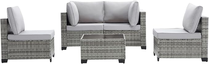 CANMOV 5 Pieces Patio Furniture Sets, All Weather Outdoor Patio Conversation Set, Wicker Rattan Sectional Sofa Couch with Glass Coffee Table, Washable Cushions for Backyard Garden, Porch, Light Grey