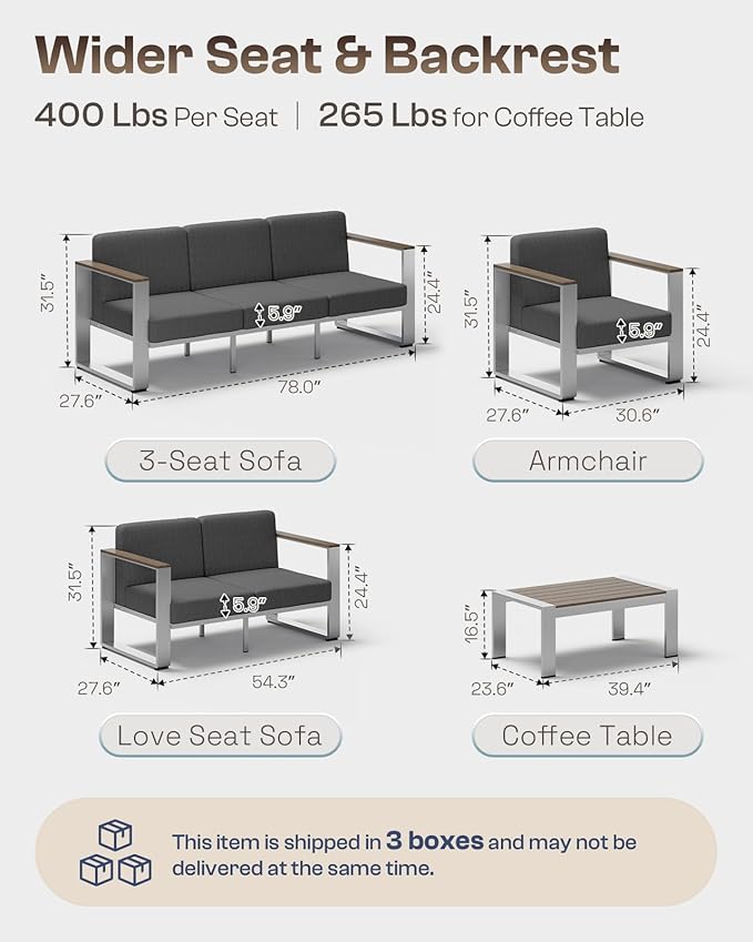 Aluminum Outdoor Furniture Set, 4 Seats Outdoor Patio Conversation Sets with Ergonomic Seat and Wide Washable Thick Cushions, Modern Patio Sectional Furniture for Balcony, Porch (Charocal)